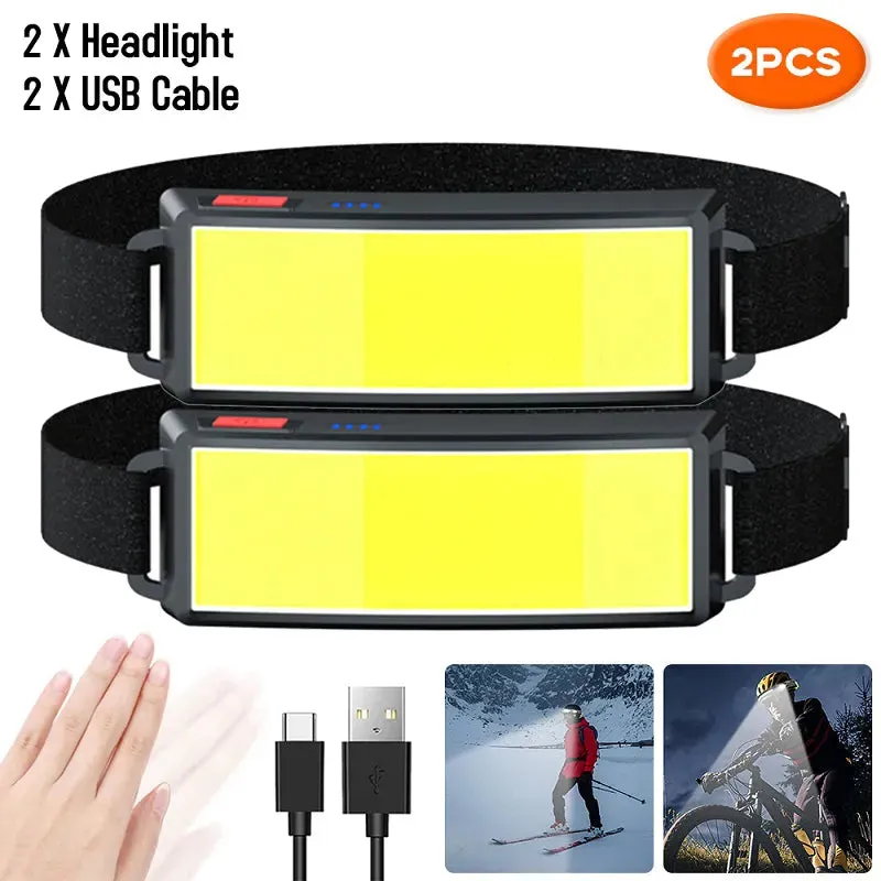 1-2PCS COB LED Headlight Flashlight 3 Mode USB Rechargeable HeadLamp Hiking Torch Built-in 1200Mah Battery Outdoor Camping Lamp