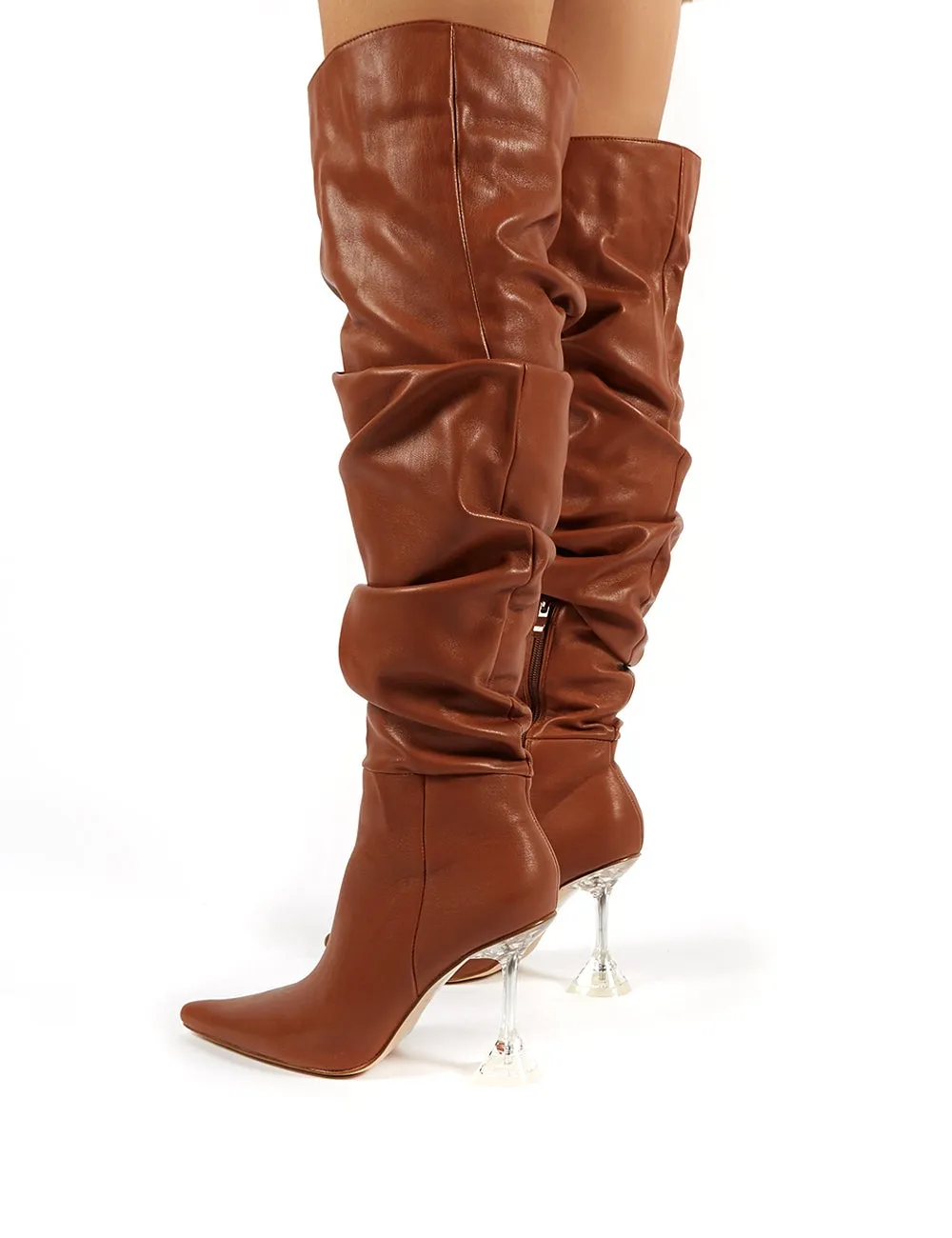 Adalee Tan PU Statement Heeled Slouch Over the Knee Boots