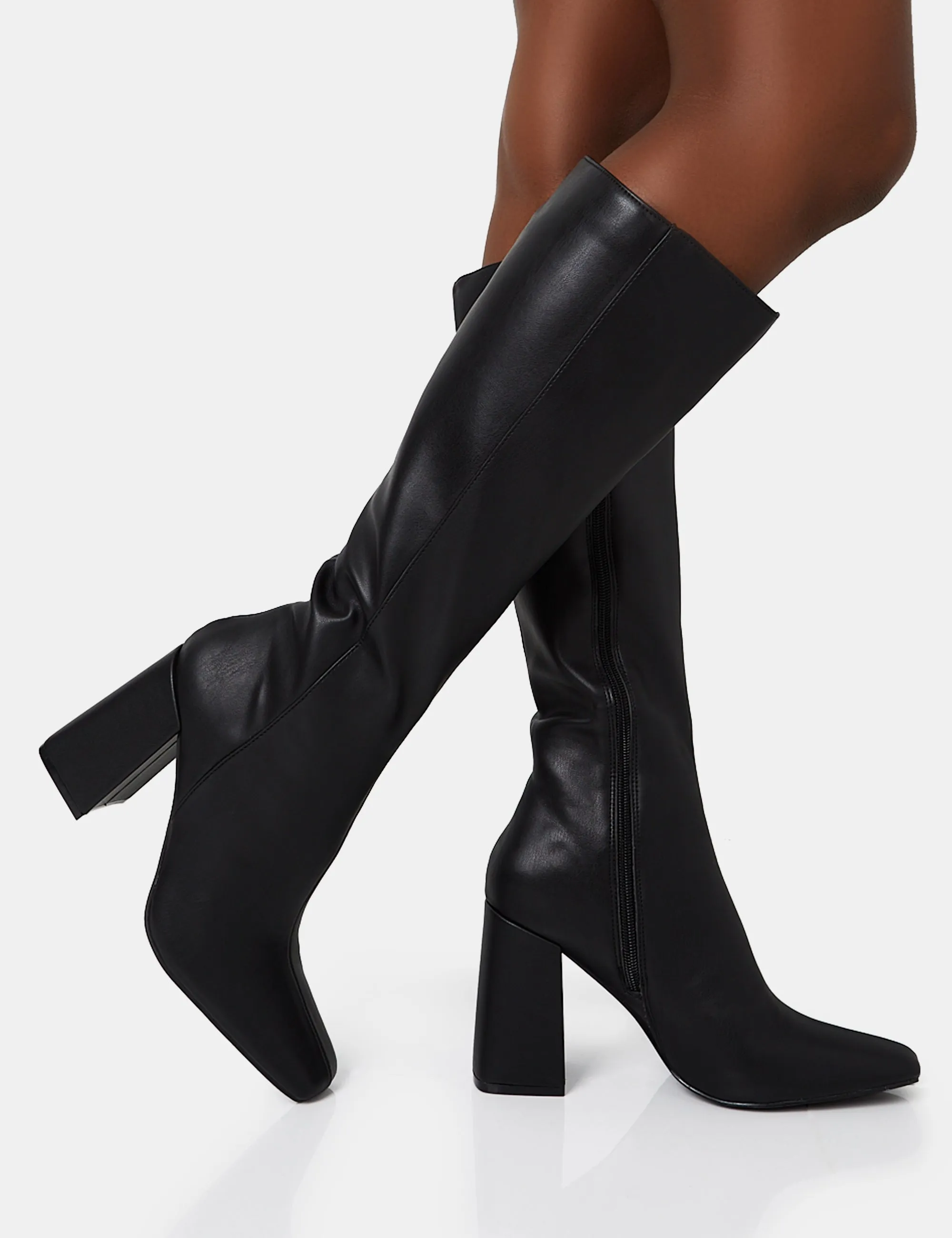 Apology Black Pu Knee High Block Heel Boots