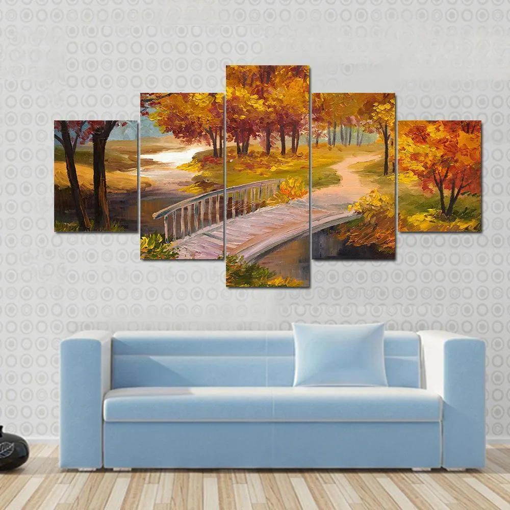 Autumn Forest & Bridge Canvas Wall Art