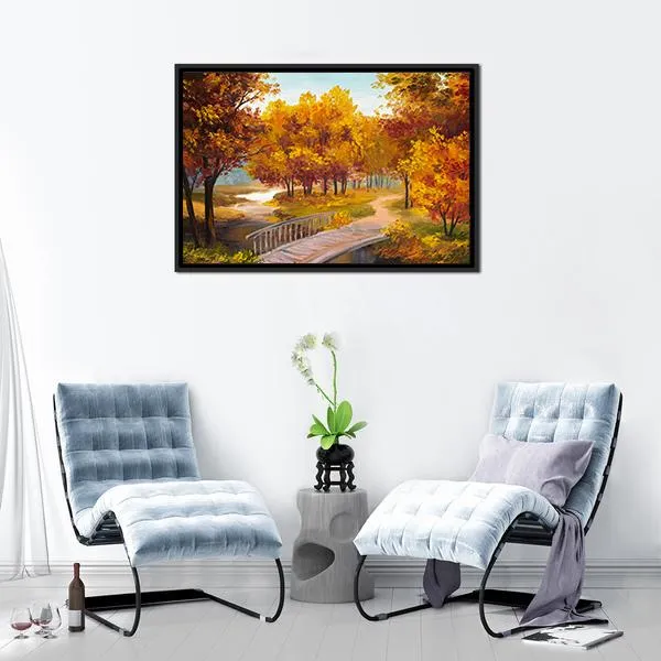 Autumn Forest & Bridge Canvas Wall Art