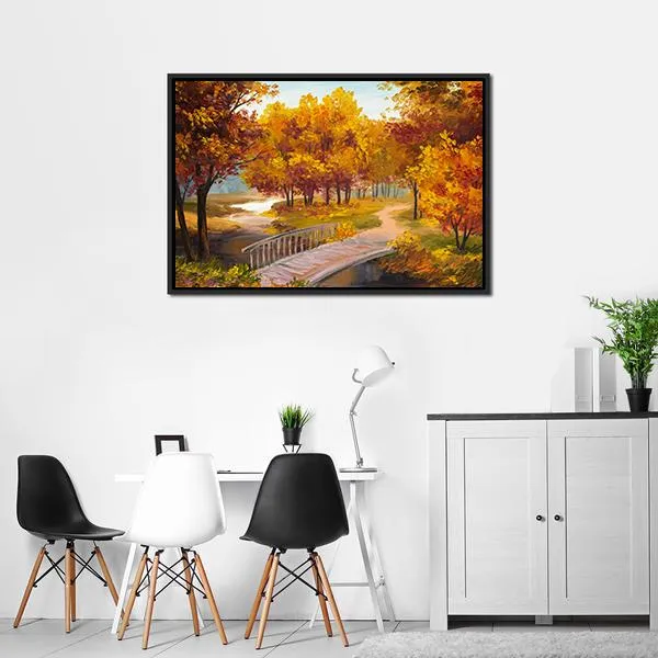 Autumn Forest & Bridge Canvas Wall Art