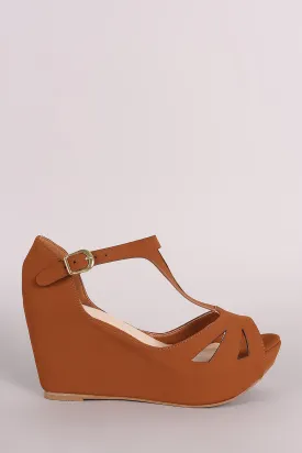 Bamboo Nubuck Buckle Cut Out Open Toe Platform Wedge