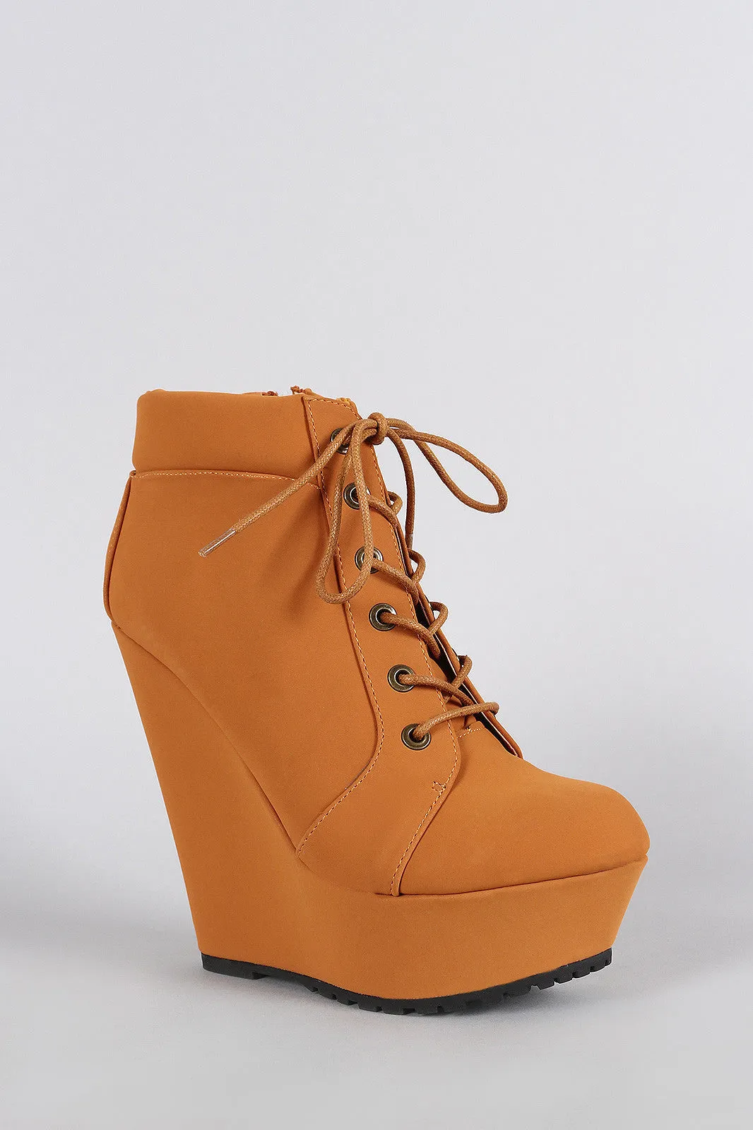 Bamboo Oxford Round Toe Lace Up Platform Wedge Booties