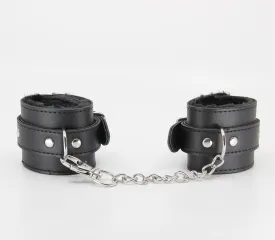 Berlin Baby Faux fur lined vegan leatherette adjustable wrist restraints with detachable chain join Black and Silver