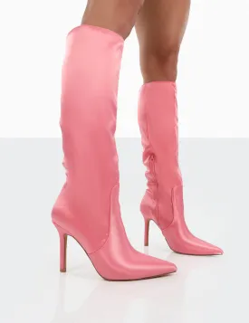 Best Believe Pink Satin Pointed Toe Stiletto Heeled Knee High Boots