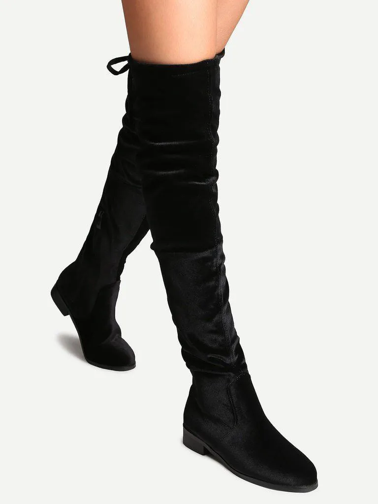 Black Faux Suede Side Zipper Tie Back Over The Knee Boots