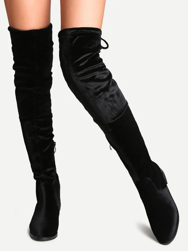 Black Faux Suede Side Zipper Tie Back Over The Knee Boots