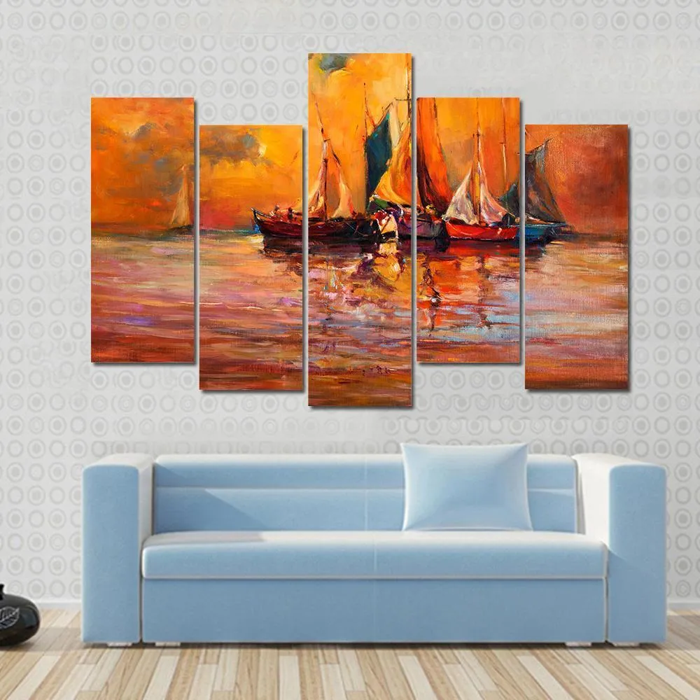 Boats & Sea Illustration Canvas Wall Art