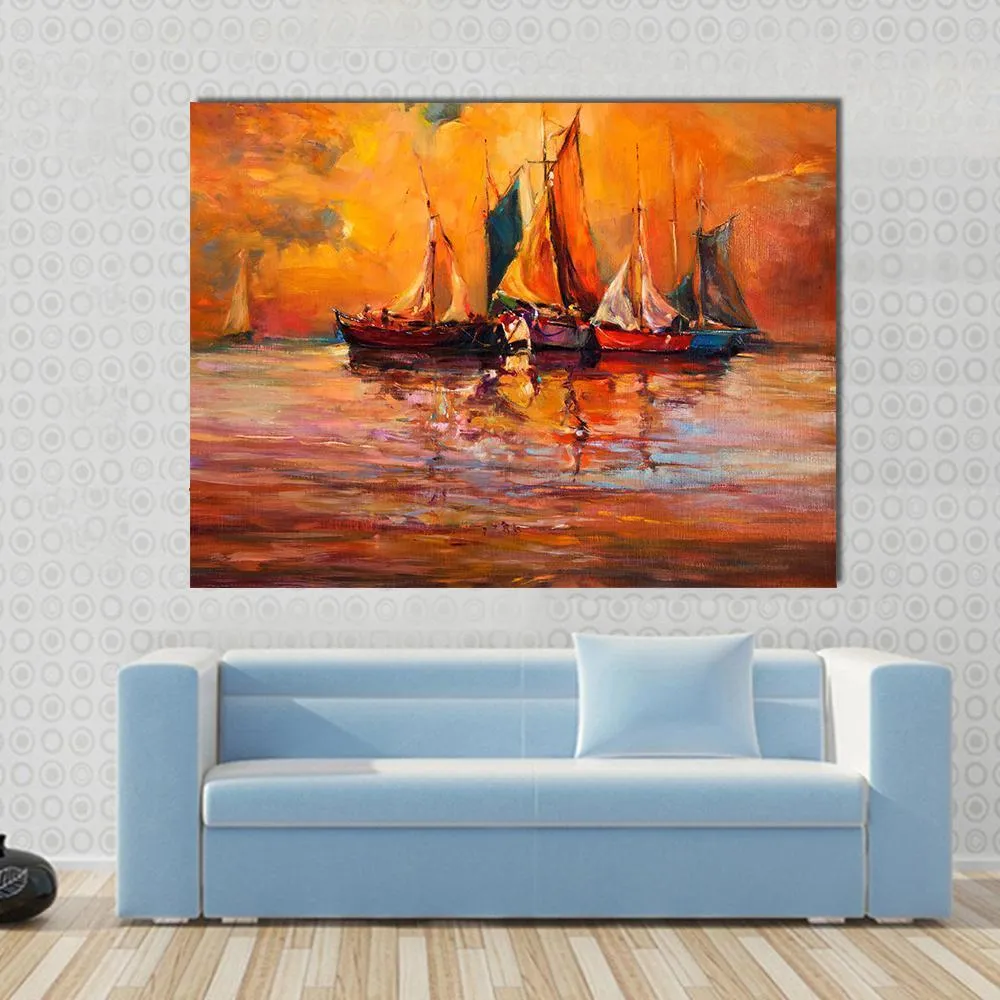 Boats & Sea Illustration Canvas Wall Art