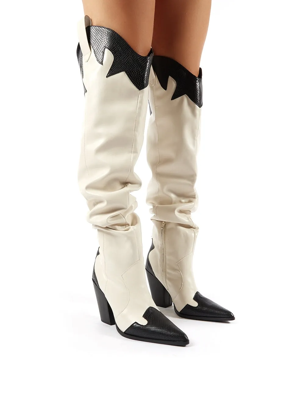 Brandy Stone Western Block Heeled Knee High Boots