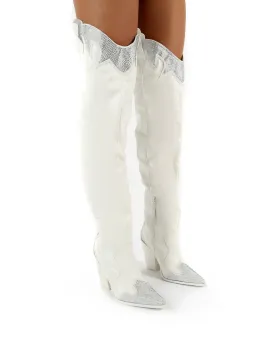 Brandy White Diamante Western Block Heeled Knee High Boots