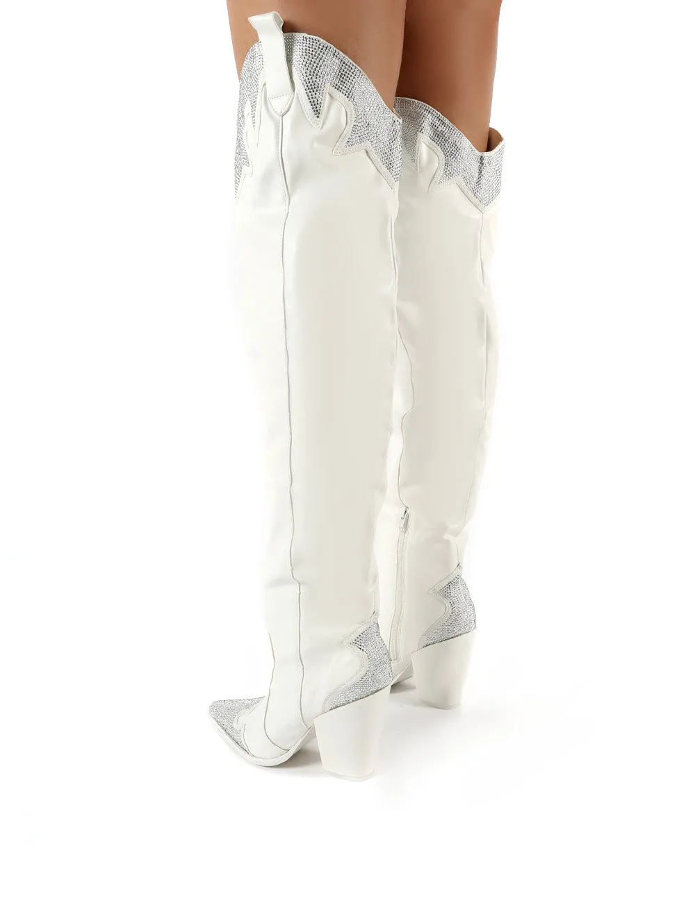 Brandy White Diamante Western Block Heeled Knee High Boots