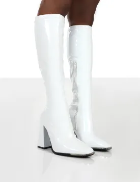 Caryn White Patent Wide Fit Knee High Block Heeled Boots