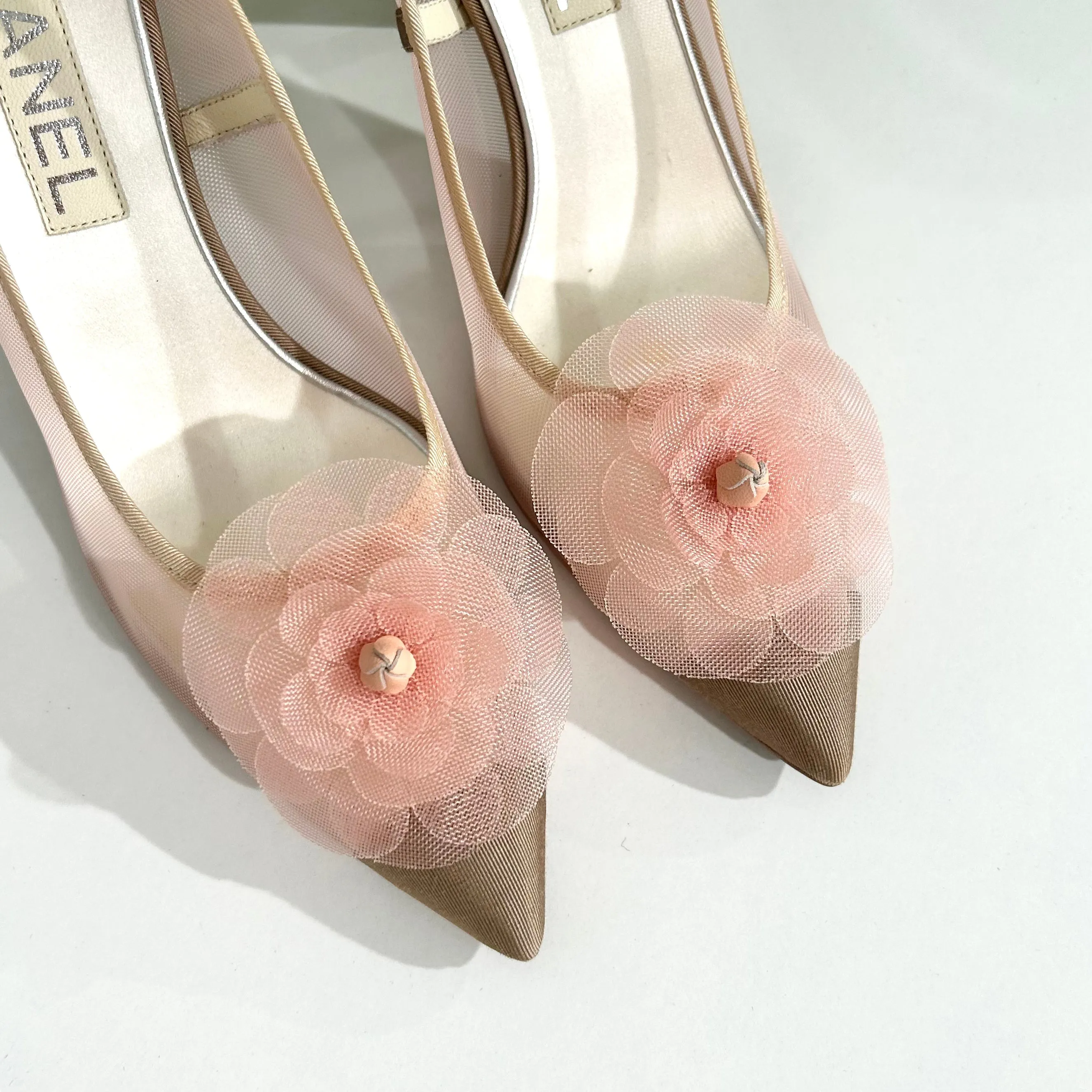 Chanel Pink Mesh Camellia Heels