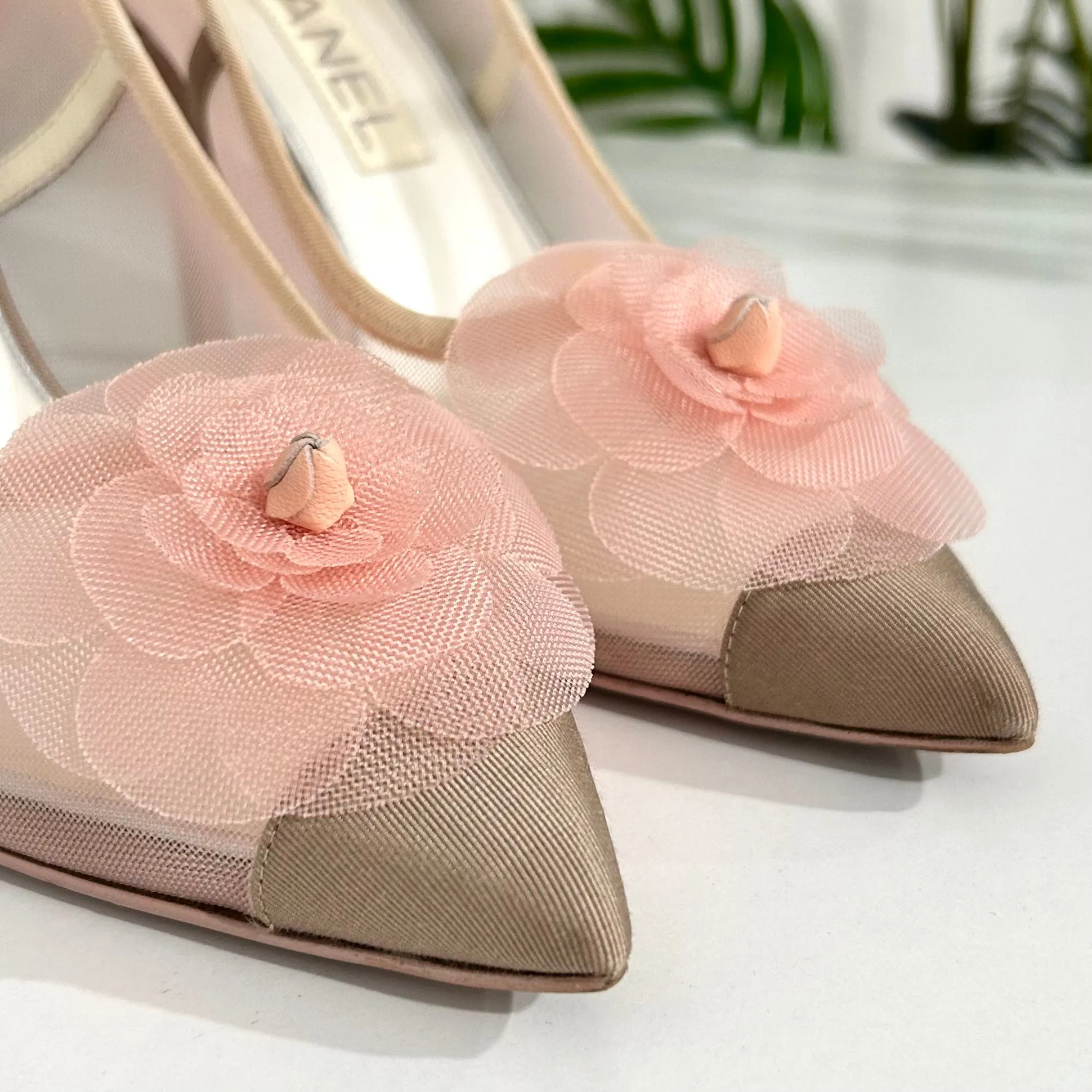 Chanel Pink Mesh Camellia Heels