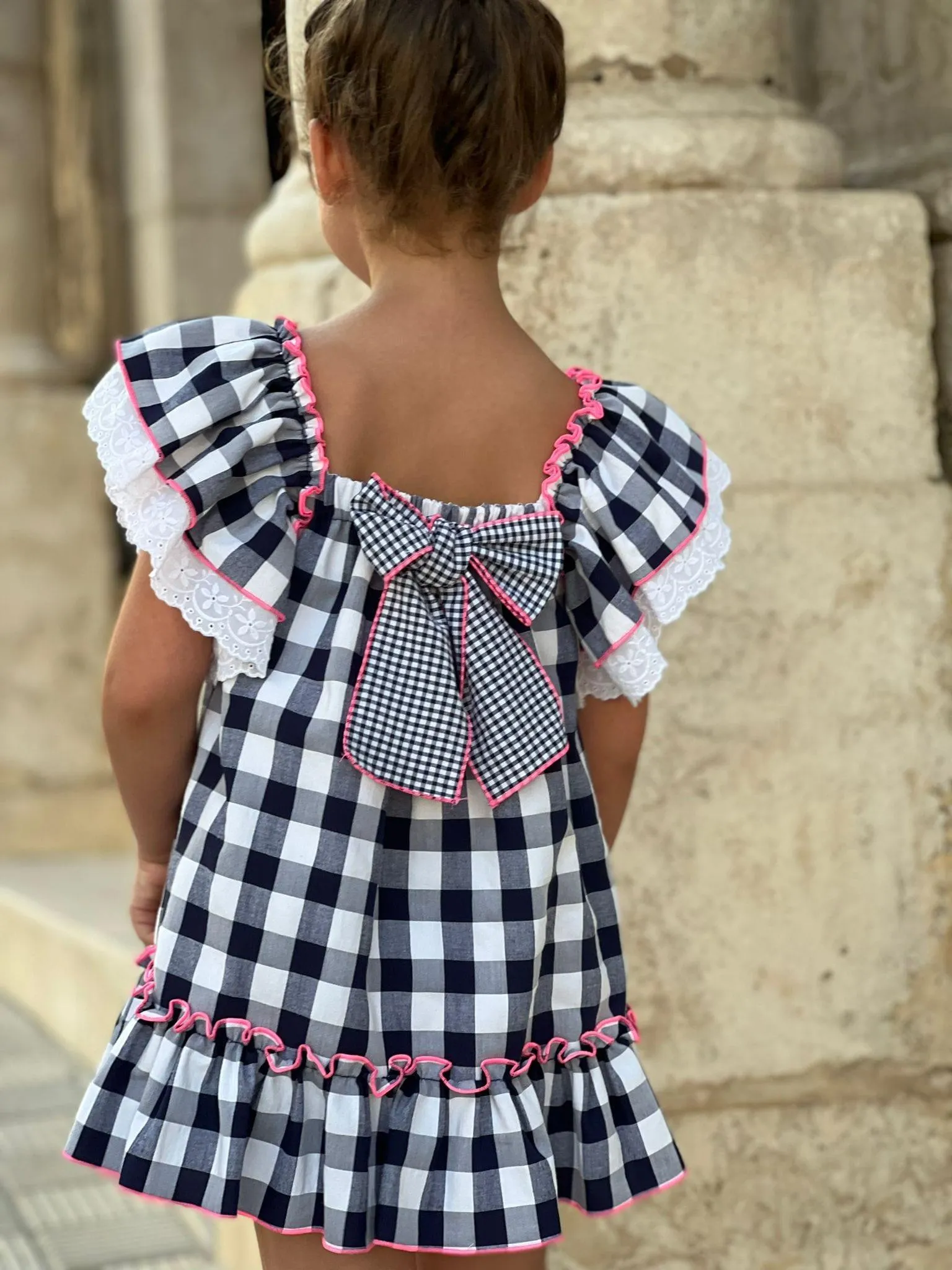 CLEARANCE SALE - La Peppa  - Girls Navy, White & Pink Check Summer Dress 10yr