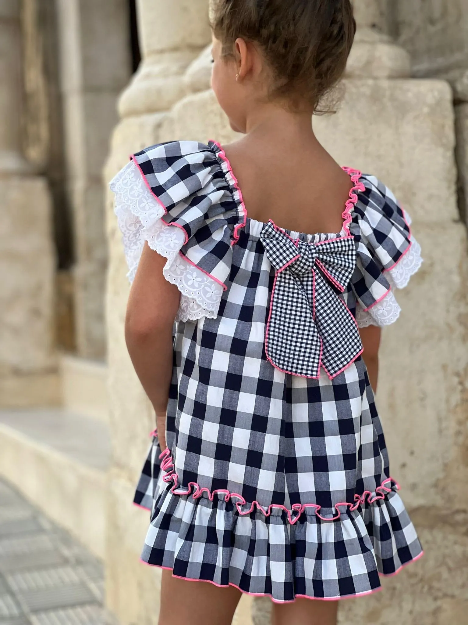 CLEARANCE SALE - La Peppa  - Girls Navy, White & Pink Check Summer Dress 10yr