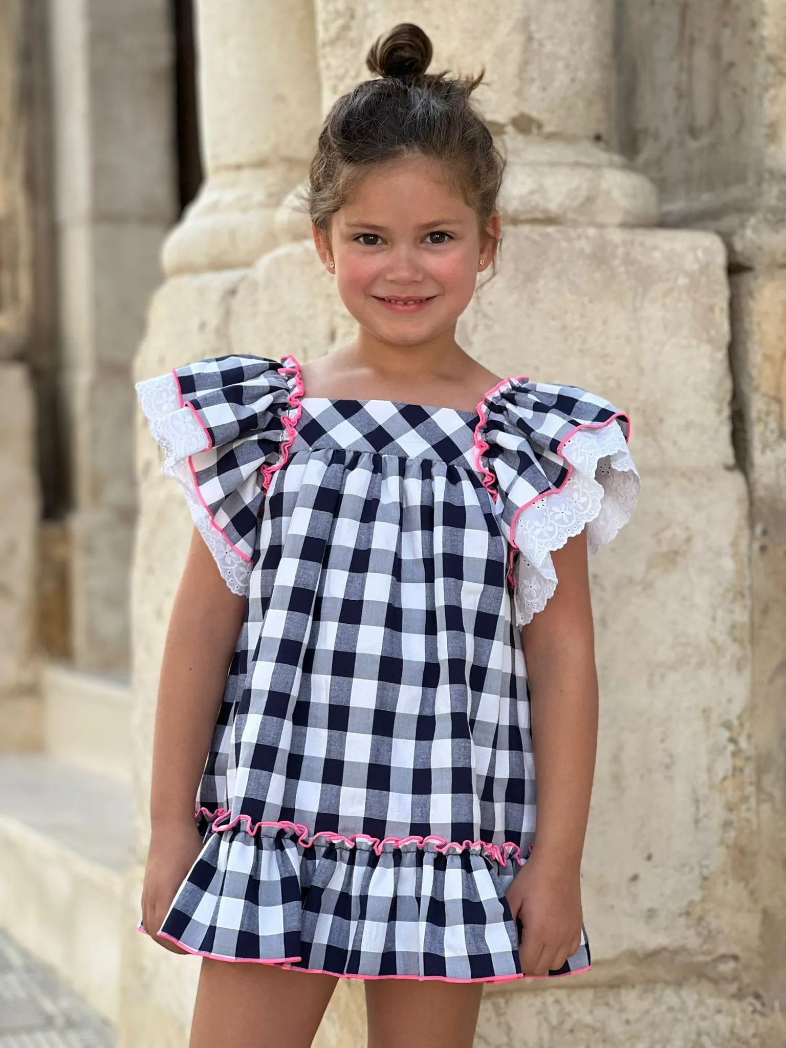 CLEARANCE SALE - La Peppa  - Girls Navy, White & Pink Check Summer Dress 10yr