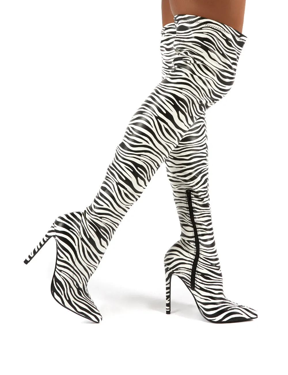 Confidence Zebra Stiletto Heeled Over the Knee Boots