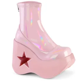 Demonia DYNAMITE-100 | Baby Pink Stretch Hologram Ankle Boots