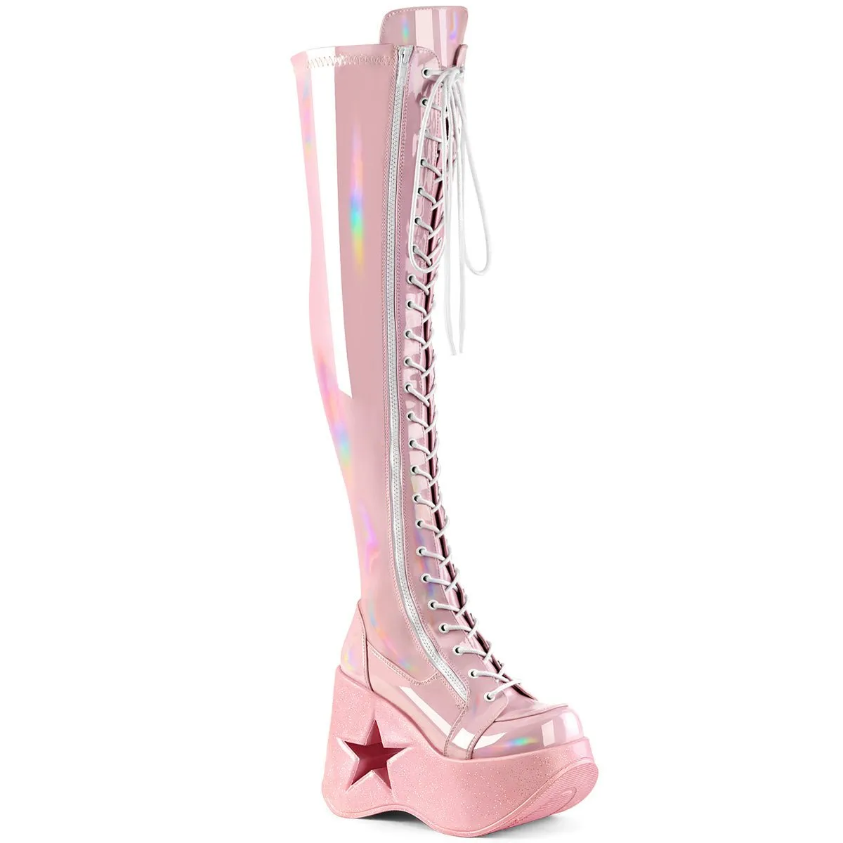 Demonia DYNAMITE-300 | Baby Pink Stretch Holo Above Knee Boots