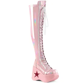 Demonia DYNAMITE-300 | Baby Pink Stretch Holo Above Knee Boots