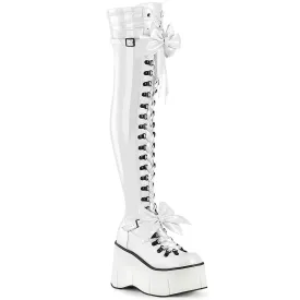 Demonia KERA-303 | White Stretch Patent Leather Above Knee Boots