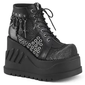 Demonia STOMP-18 | Black & Grey V. Leather & Velvet Ankle Boots