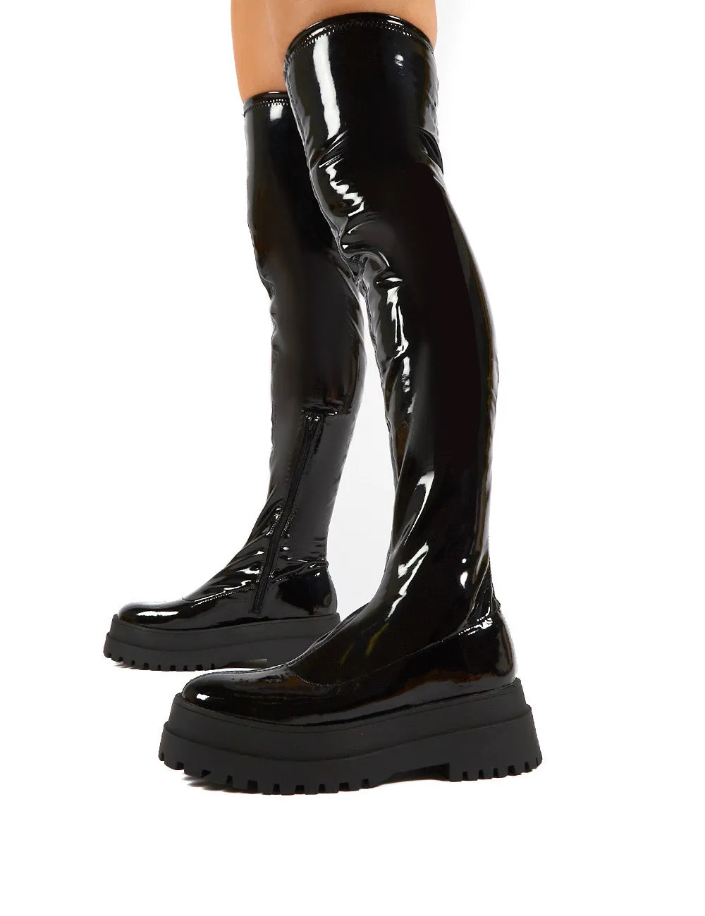 Disclosure Black Patent Over The Knee Thigh High Chunky Boots