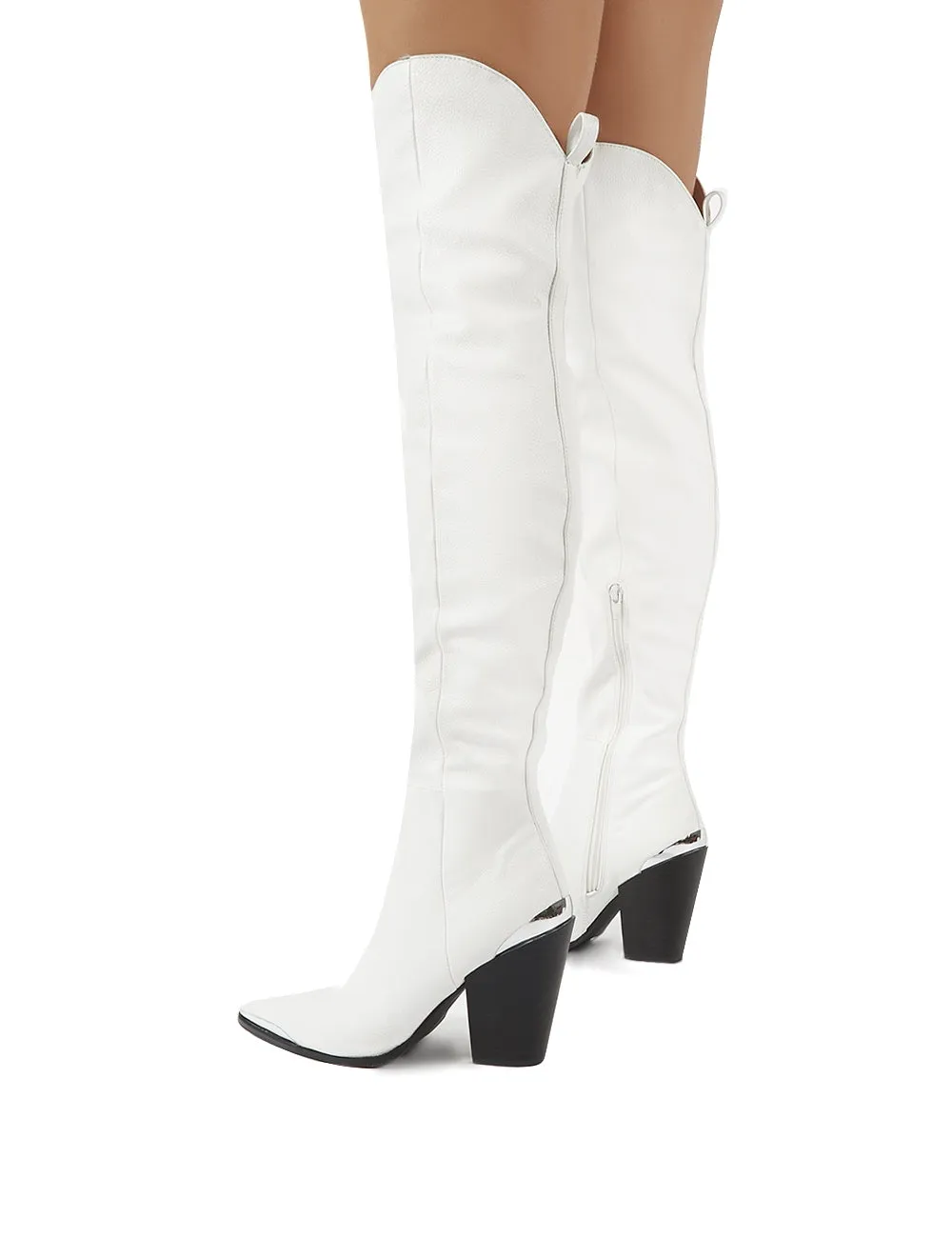 Honor White Western Block Heeled Knee High Boots