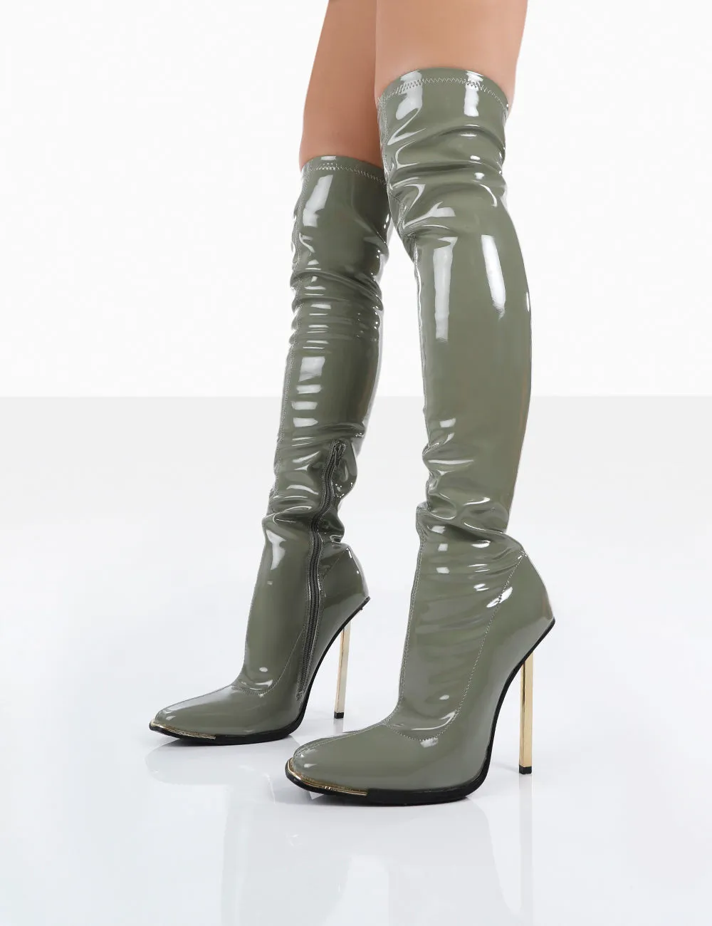 Kenza X Public Desire Vicki Sage Grey Patent over the Knee Stiletto Heeled Boots