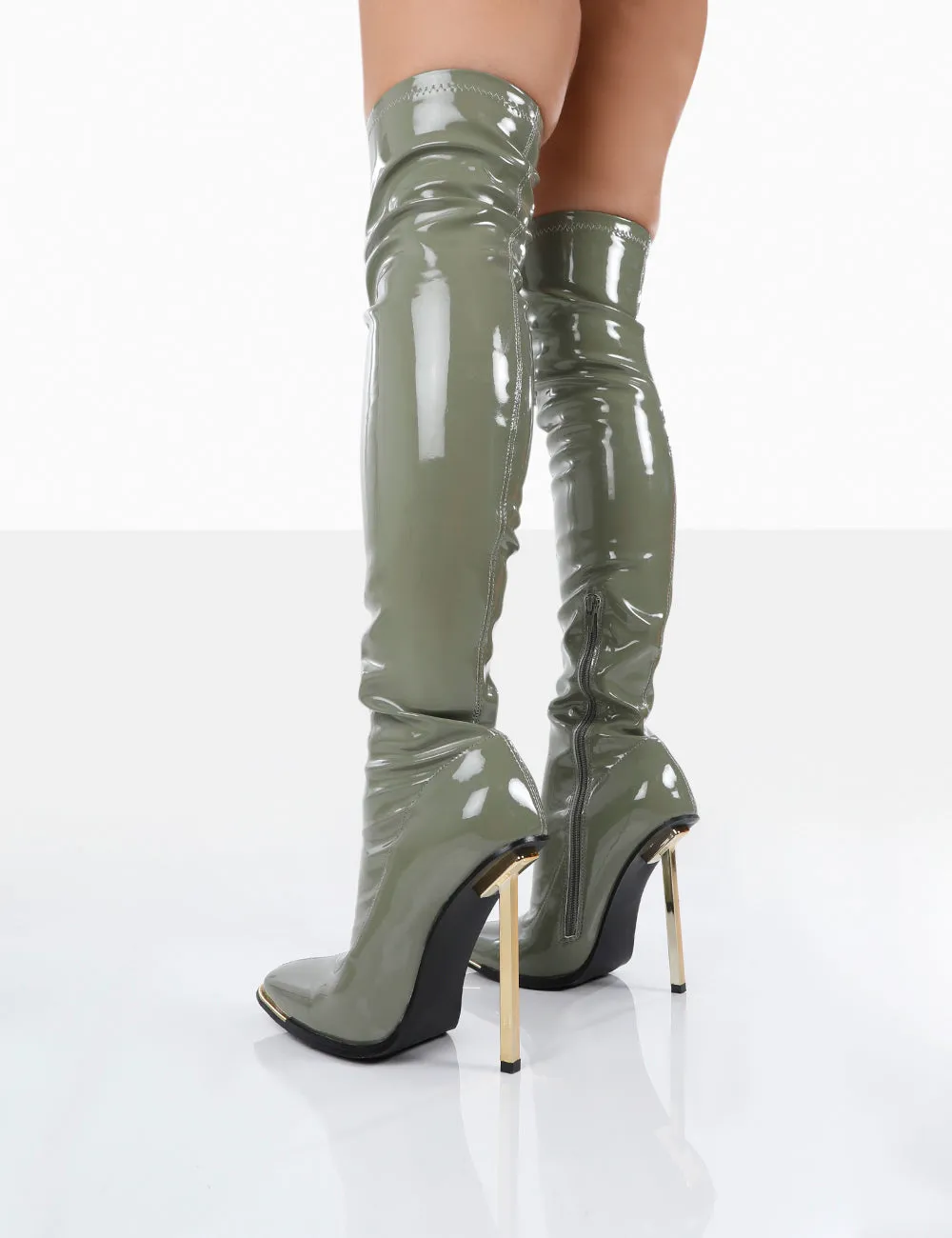 Kenza X Public Desire Vicki Sage Grey Patent over the Knee Stiletto Heeled Boots