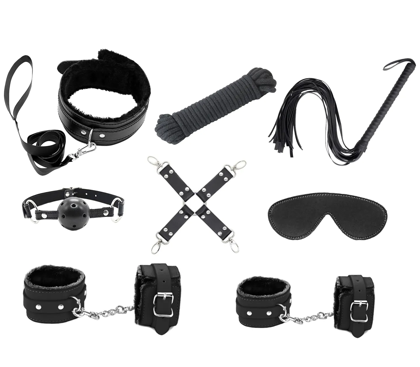 Love in Leather 9 Piece Bondage Kit Black with Vegan Faux Leather Black