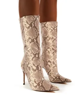 Mystic Beige Snake Knee High Stiletto Heel Boots