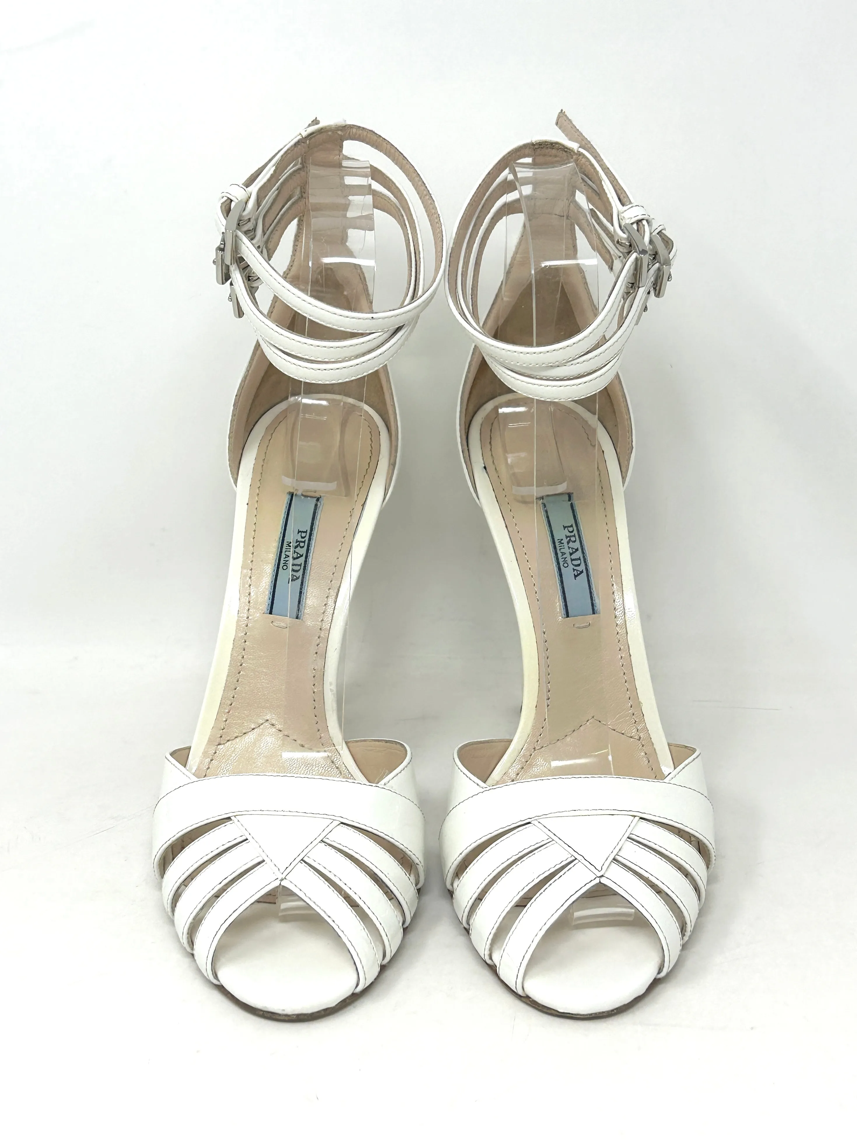 Prada Ivory White Patent Leather Strappy Sandal Heels 37.5 UK 4.5