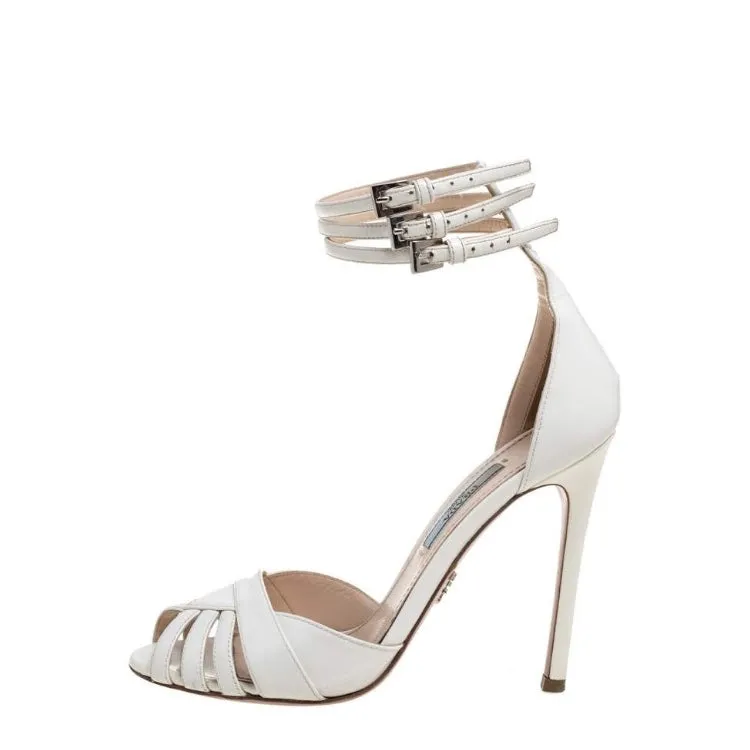 Prada Ivory White Patent Leather Strappy Sandal Heels 37.5 UK 4.5