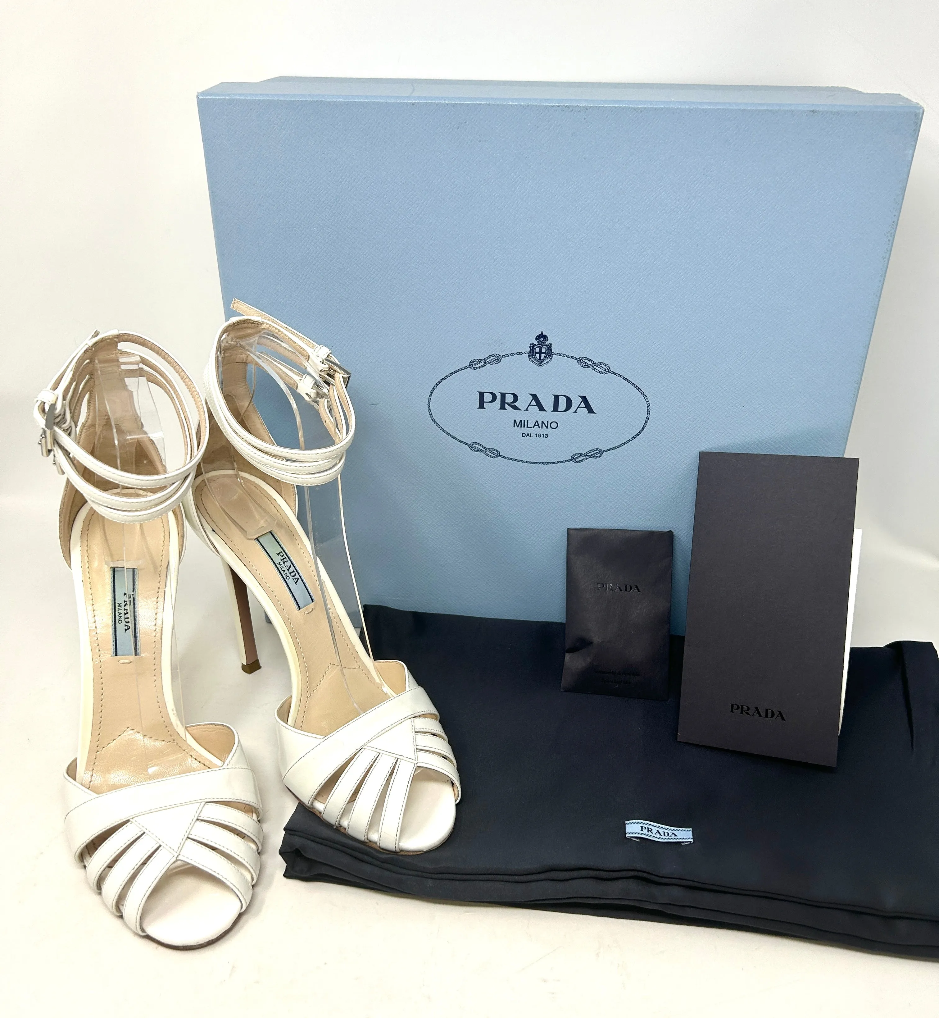 Prada Ivory White Patent Leather Strappy Sandal Heels 37.5 UK 4.5