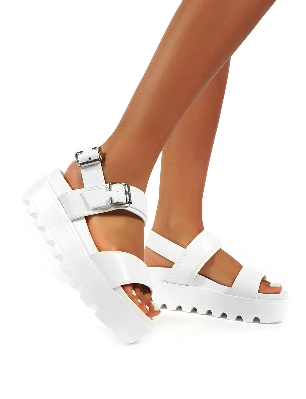 Razor White Pu Strappy Gladiator Buckle Platform Sandals