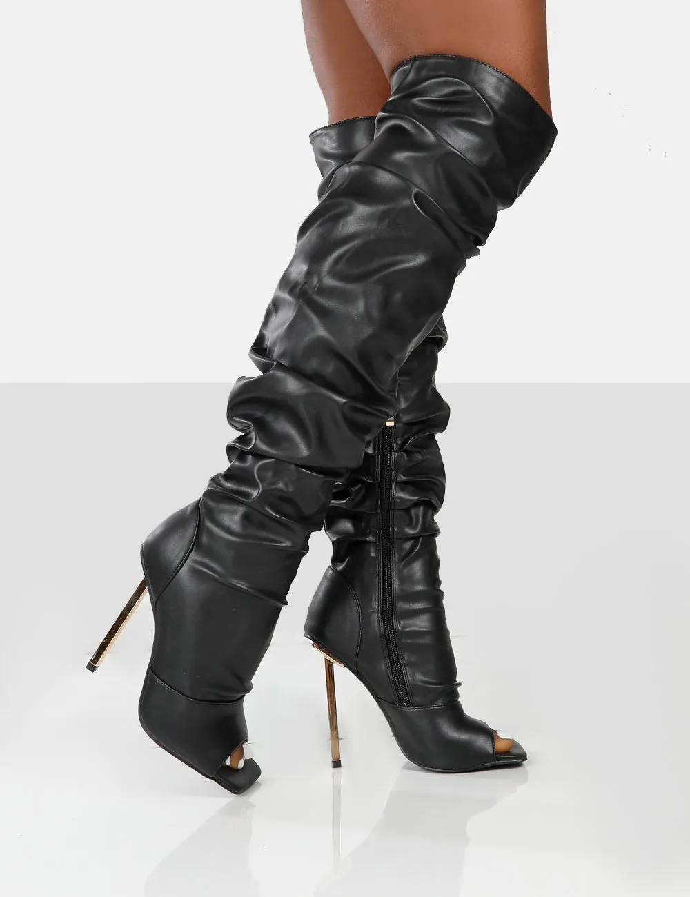 Surrender Black Ruched Knee High Stilleto Open Toe Boots