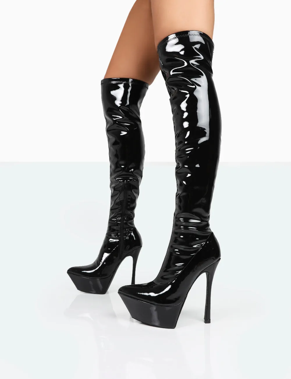 Trixie Black Patent Stiletto Platform Over the Knee Boots