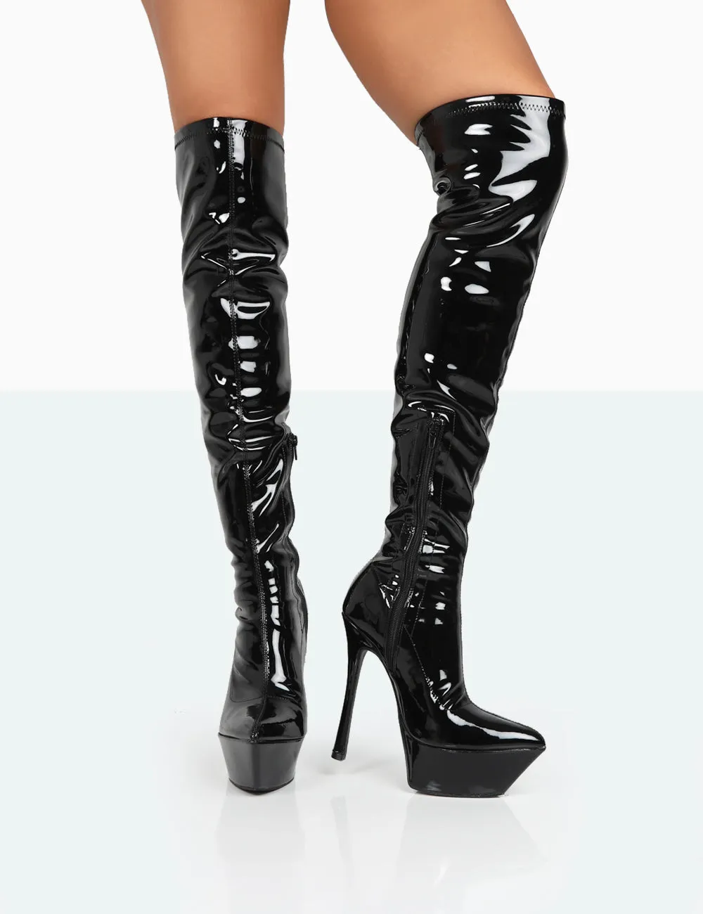 Trixie Black Patent Stiletto Platform Over the Knee Boots